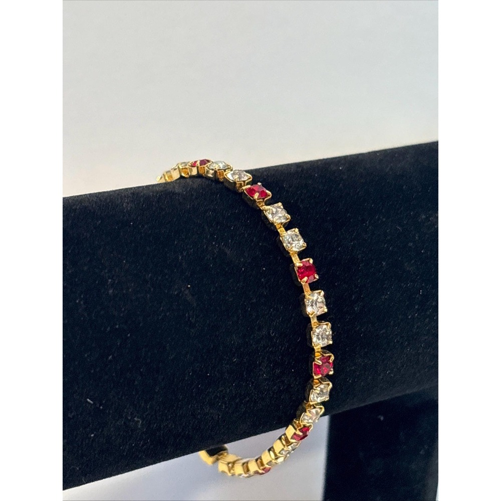 Vintage Ruby Red Clear Rhinestone Tennis Bracelet Gold Tone 7.5" Foldover Clasp - Picture 2 of 4